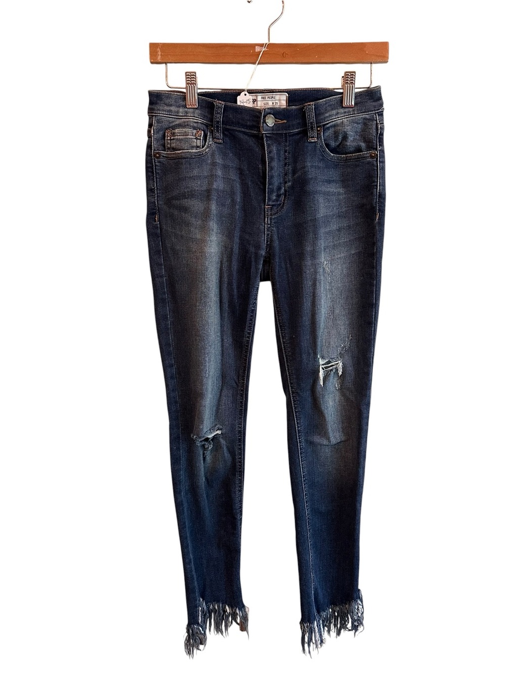 Free People Dark Blue Distressed Skinny Jeans with Fringe Hem